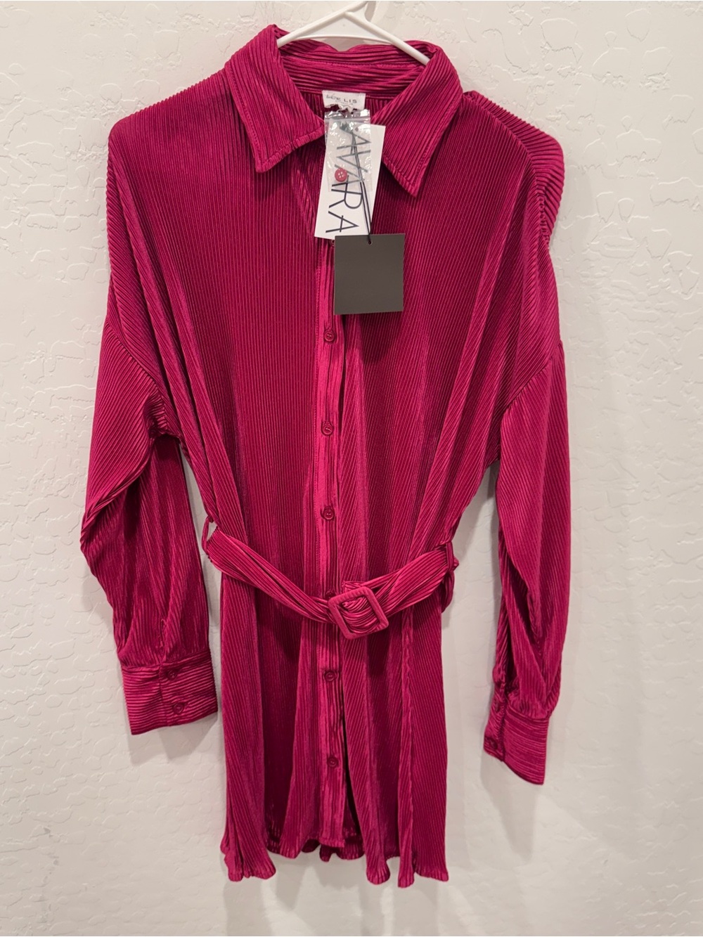 Le Lis Brooke Dress Raspberry Womens XS Mini Pleated Corded Belted Long Sleeve